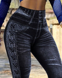 Side Floral Print Fake Denim High Waist Workout Leggings Butt Lifting Tights Trousers