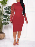 Contrast Mesh Puff Sleeve Ribbed Midi Dress