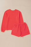 Gold Flame Glittering Heart Graphic Corded Long Sleeve Top 2 Piece Shorts Set