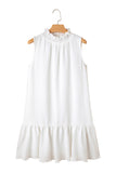 White Textured Frilled High Neck Sleeveless Ruffled Mini Dress