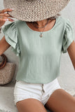 Clearly Aqua Solid Color Ruffled Short Sleeve Casual Blouse