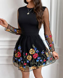 Floral Embroidery Sheer Mesh Patch Long Sleeve Dress