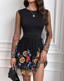 Floral Embroidery Sheer Mesh Patch Long Sleeve Dress