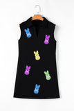 Black Sequin Bunny Doll Graphic Collared Sleeveless Mini Dress