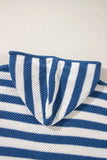 Blue Stripe V Neck Pocketed Drawstring Hooded Sweater