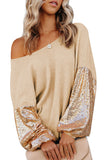 Apricot Sequin Patchwork Sleeve Open Back Waffle Knit Top