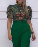 High Neck Gradient Puff Sleeve Contrast Sequin Top Cropped Pants with Pocket Pants Set