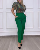 High Neck Gradient Puff Sleeve Contrast Sequin Top Cropped Pants with Pocket Pants Set