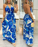 Tropical Print Halter Backless Maxi Dress Casual Tied Detail A Line Dress