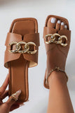 Chestnut Metal Chain Decor Square Toe Faux Leather Slippers