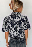 Black Floral Bubble Sleeve Casual Shirt