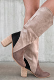 Coffee Suede Calf Length Chunky Heel Boots