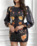 Cutout Lantern Sleeve Floral Print Bodycon Dress