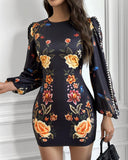 Cutout Lantern Sleeve Floral Print Bodycon Dress