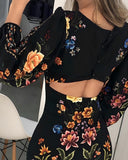 Cutout Lantern Sleeve Floral Print Bodycon Dress