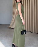 Boat Neck Sleeveless Ruched Evening Dress Metal Ring Decor Side High Slit Maxi Dress