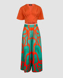 2 Pieces Outfit Plain V Neck Short Sleeve Ruched Top and Casual Floral Print Wide Leg Pants Set