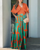 2 Pieces Outfit Plain V Neck Short Sleeve Ruched Top and Casual Floral Print Wide Leg Pants Set