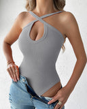 Plain Knit Sleeveless Halter Bodysuit