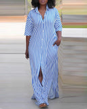 Striped Buttoned Slit Shirt Dress