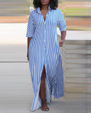 Striped Buttoned Slit Shirt Dress