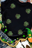 Black Sequin Leopard Clover Graphic Crewneck St Patrick Tee