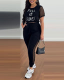 2 Pieces Letter Print Round Neck Sheer Mesh Patchwork Top and Casual Pocket Design Slim Fit Pants Set