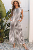 Khaki Checkered Print Buttoned Crew Neck Wide Leg Jumpsuit