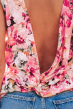 Pink Floral Round Neck Twisted Cut Out Back Tank Top