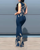Plunge Sunflower Print High Slit Party Dress