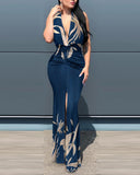 Plunge Sunflower Print High Slit Party Dress