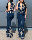 Plunge Sunflower Print High Slit Party Dress