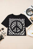 Black Checkerboard Peace Sign Printed Round Neck T Shirt