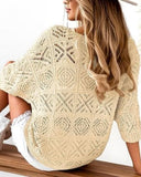 Cold Shoulder 3/4 Sleeve Pullover Sweater Casual Hollow Out Knit Top