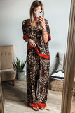 Brown Animal Print Color Contrast Edge Loose Fit Pants Set