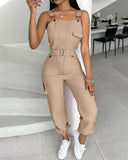 Pocket Buckle Design Cargo Suspender Jumpsuit