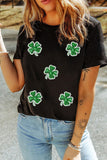 Black Four Leaf Clover Graphic St. Patricks Crewneck Tee