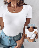 Built in Bra U neck Short Sleeve T shirt Rib knit Top