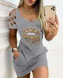 Rhinestone Lip Pattern Pocket Design Bodycon Dress