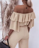 2 Pieces Outfit Off Shoulder Bell Sleeve Shirred Top and Casual Wide Leg Pants Set