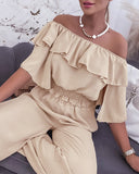 2 Pieces Outfit Off Shoulder Bell Sleeve Shirred Top and Casual Wide Leg Pants Set
