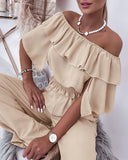 2 Pieces Outfit Off Shoulder Bell Sleeve Shirred Top and Casual Wide Leg Pants Set