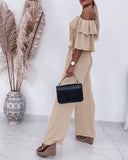 2 Pieces Outfit Off Shoulder Bell Sleeve Shirred Top and Casual Wide Leg Pants Set
