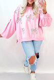 Parchment Embroidered Bow Lantern Sleeve Oversized Pullover Sweatshirt