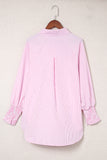 Pink Smocked Cuffed Striped Boyfriend Shirt with Pocket