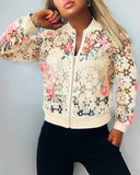 Floral Print Baseball Collar Zip Up Water Soluble Lace Coat Casual Hollow out Bomber Jacket