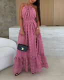 Halter 3D Flower Mesh Slit Evening Dress Backless Shirred Ruffle Hem Double Layer Maxi Dress