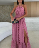 Halter 3D Flower Mesh Slit Evening Dress Backless Shirred Ruffle Hem Double Layer Maxi Dress