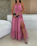 Halter 3D Flower Mesh Slit Evening Dress Backless Shirred Ruffle Hem Double Layer Maxi Dress