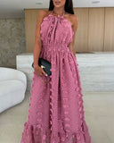 Halter 3D Flower Mesh Slit Evening Dress Backless Shirred Ruffle Hem Double Layer Maxi Dress